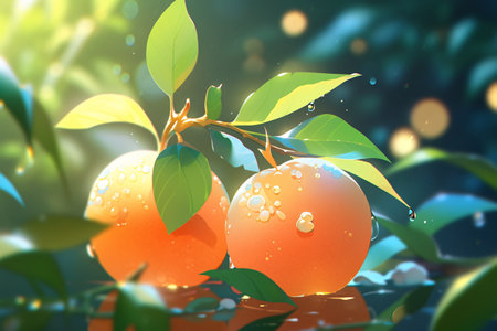 Tangerines with water drops on green background. 3d illustrationの素材
