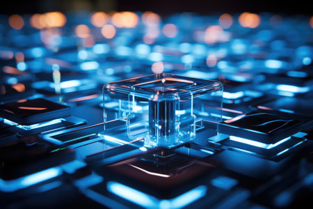 Futuristic technological background with glowing cubes. 3D Renderingの素材