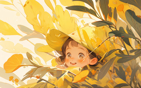 Illustration of a cute little girl in a straw hat and yellow leavesの素材