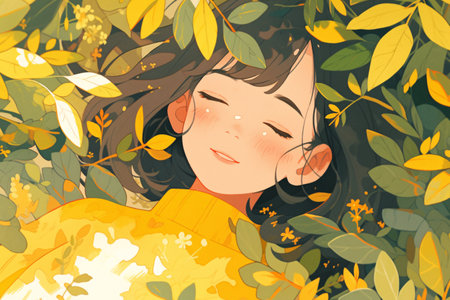 Vector illustration of a girl in a yellow coat and autumn leaves.の素材