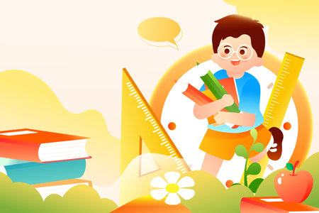 Back to school background with boy holding books and ruler, vector illustrationのイラスト素材