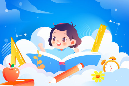 Cute little girl reading a book in the clouds. Vector illustrationのイラスト素材