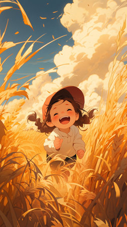 Illustration of a cute little girl running in the wheat field.の素材