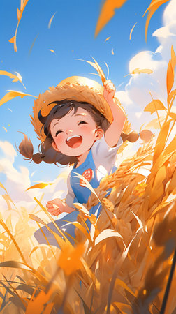 Happy little girl in a wheat field. 3D rendering illustration.の素材