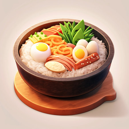 Bowl of rice with eggs and vegetables. 3d illustration.の素材