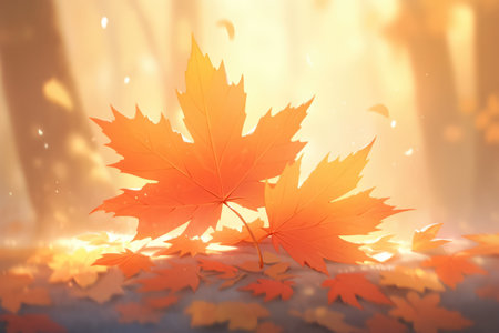 Autumn maple leaves on blurred background with bokeh lights.の素材