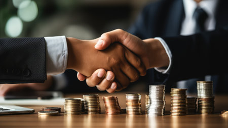 Businessman and businesswoman shaking hands in the office with stack of coins.の素材