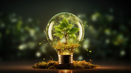 Glass lightbulb with green sprout growing inside. Ecology conceptの素材