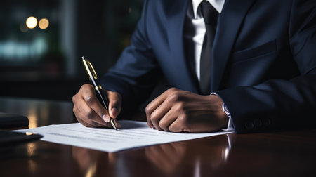 Businessman signing a contract with a pen in his hand, business conceptの素材