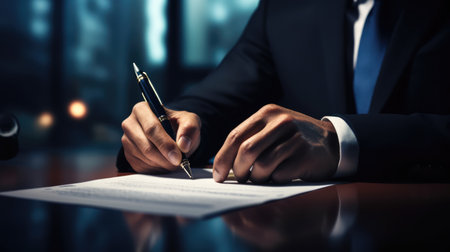 Businessman signing a contract. Close-up of man signing a document.の素材