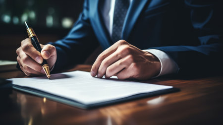 Close-up of a businessman signing a contract at the office.の素材