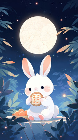 Illustration of a Cute Cartoon Bunny Eating an Egg at Nightの素材
