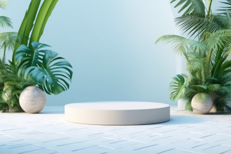 Minimal scene with podium and tropical palm leaves. 3d renderの素材