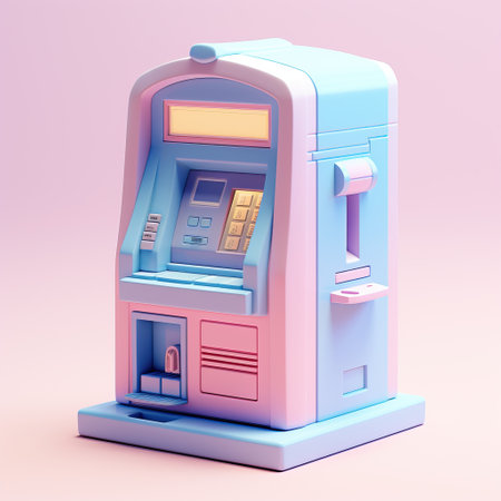 ATM machine isolated on pink background. 3d render illustration.の素材