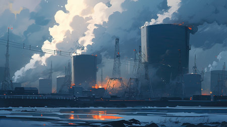 Power plant with heavy smoke in the sky. 3D illustration.の素材