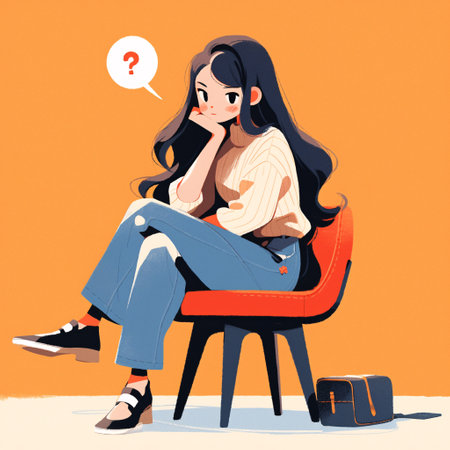 Young woman sitting on a chair and thinking. Vector illustration in cartoon style.の素材