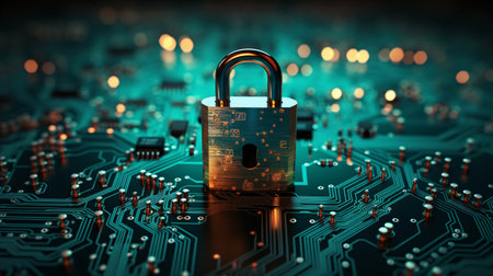 Padlock on computer circuit board. Cyber security concept. 3d illustrationの素材