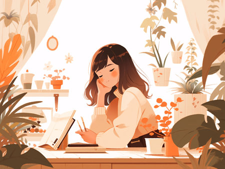 girl sitting in a quiet place drinking coffee office flat illustrationの素材