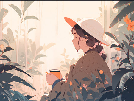girl sitting in a quiet place drinking coffee office flat illustrationの素材