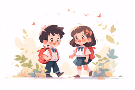 Cute little children, boy and girl with backpacks, vector illustrationの素材