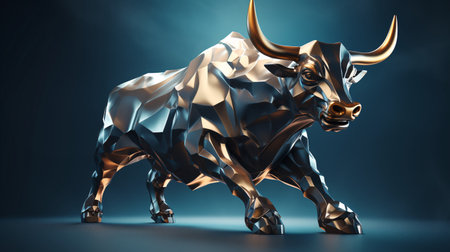 golden bull on a blue background. 3d rendering, 3d illustrationの素材