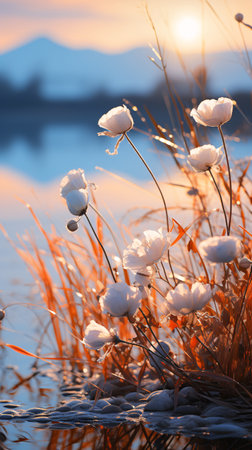 Cotton flowers on the background of the lake and mountains at sunsetの素材