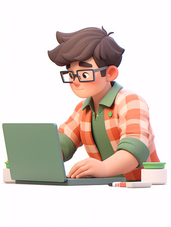 3D illustration of a young man with glasses working on a laptopの素材