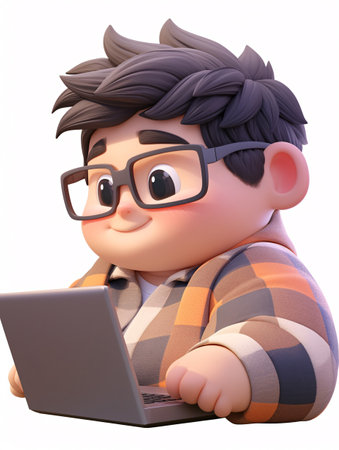 3D render of a cute boy with glasses using a laptop computerの素材