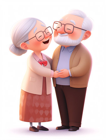 Elderly couple in love, 3d illustration, horizontal, over whiteの素材
