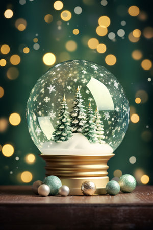 Snow globe with Christmas tree and snowflakes on bokeh backgroundの素材