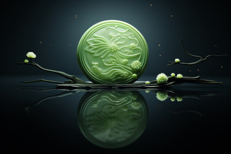 3D rendering of a green chinese herbal ball on black backgroundの素材