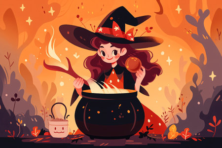 Halloween witch in a cauldron. Cute cartoon character. Vector illustrationの素材