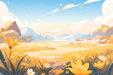 Spring meadow with yellow flowers and blue sky. Vector illustration.の素材