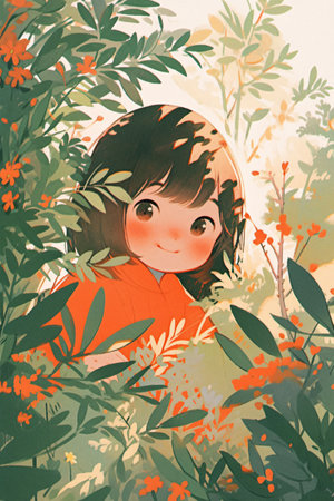 Twenty-four solar terms standing spring solar term calendar set picture, girl surrounded in spring grove illustrationの素材