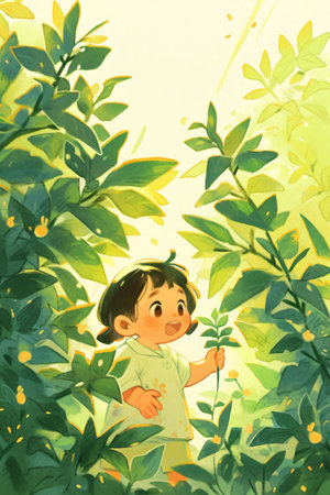 Twenty-four solar terms standing spring solar term calendar set picture, girl surrounded in spring grove illustrationの素材