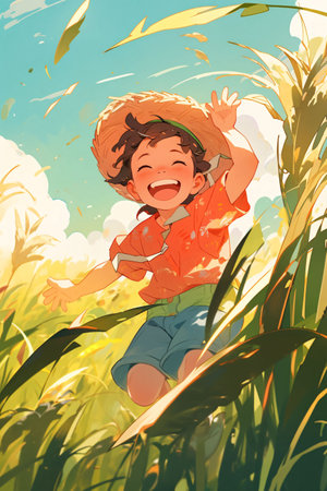Twenty-four solar terms small full calendar set picture, children happily jumping illustration in the wheat fieldの素材