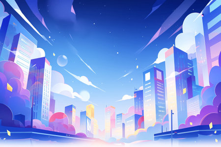 Night city with skyscrapers and clouds. Vector Illustration.の素材