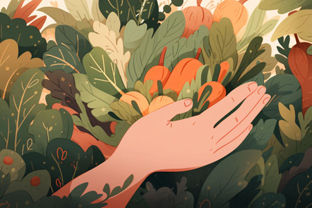 Cartoon hand with plants. Vector illustration for your graphic design.の素材