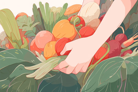 Vegetables and fruits, vector illustration. Hand holding fresh vegetablesの素材