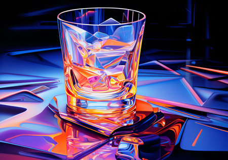 Glass of whiskey with ice cubes on black background. 3d illustrationの素材