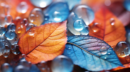 Colorful autumn leaves with water drops close-up. Nature backgroundの素材