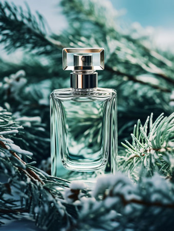 Perfume bottle on the background of the Christmas tree branches.の素材