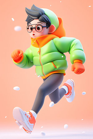 A boy in a green jacket and glasses is running. 3d rendering.の素材