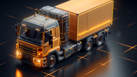 3d rendering of a semi-trailer truck on a dark backgroundの素材