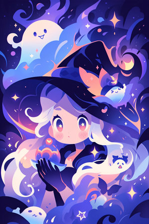 Halloween party invitation card with cute witch girl. Vector illustration.の素材