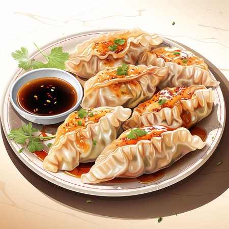 Illustration of gyoza dumplings with soy sauce on plateの素材