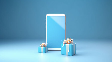 Smartphone with gift boxes on blue background. 3D rendering.の素材