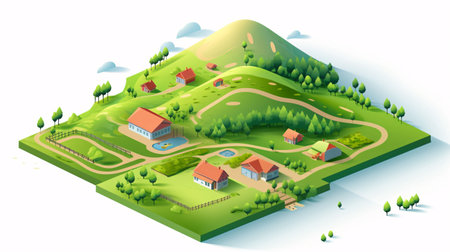 Isometric village in the mountains. Vector illustration for your design.の素材