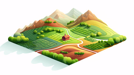 Isometric landscape with village and mountains. Vector illustration for your designの素材