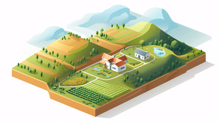Isometric rural landscape with fields and farm buildings. Vector illustration.の素材